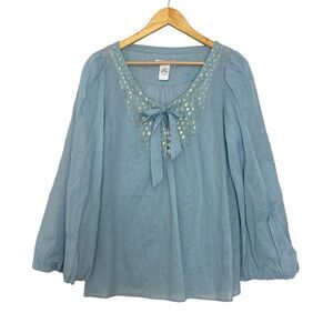 Vertigo Paris 100% Cotton Puffed Sleeves Gold Metallic Self Tie Blouse Sz M